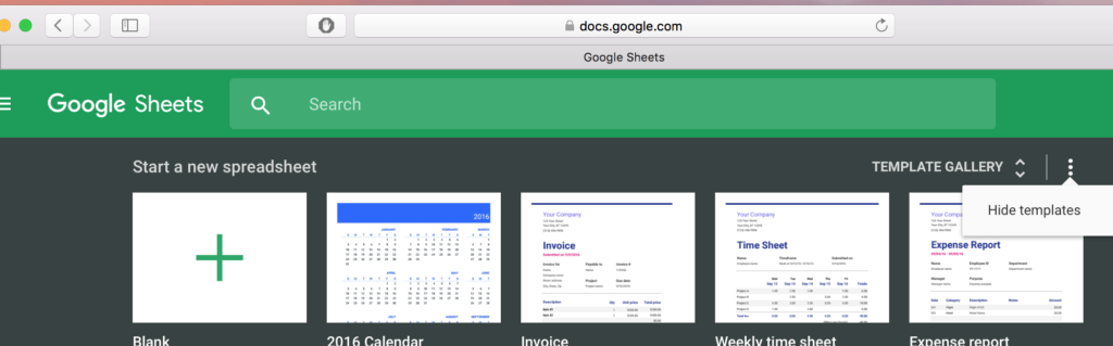 Hide Google Sheets Templates